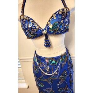 Blue Egyptian Belly Dance Costume Beaded Bra Skirt AB Rhinestones Stunning!